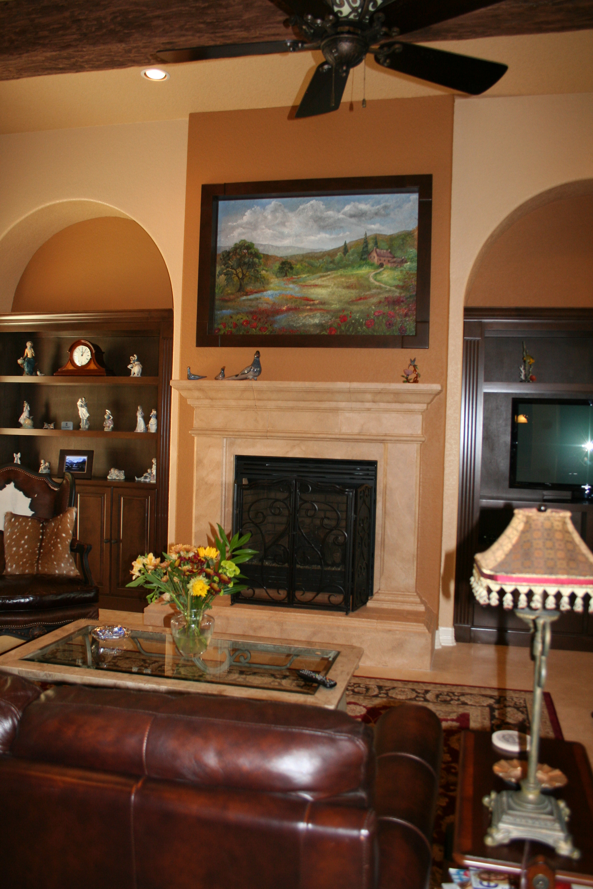 Tuscan Hills Mural Niche, Above Faux Stone Fireplace